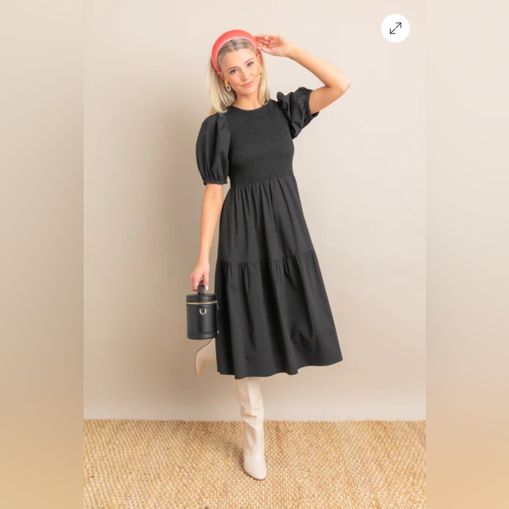NWT Tuckernuck Black‎ Sussex Dress Size Small Midi Length Puff Sleeve Pockets